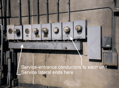 98esimmons_figure6 Figure 6. Service lateral conductors are run from the utility transformer to a wireway mounted below the meter sockets.