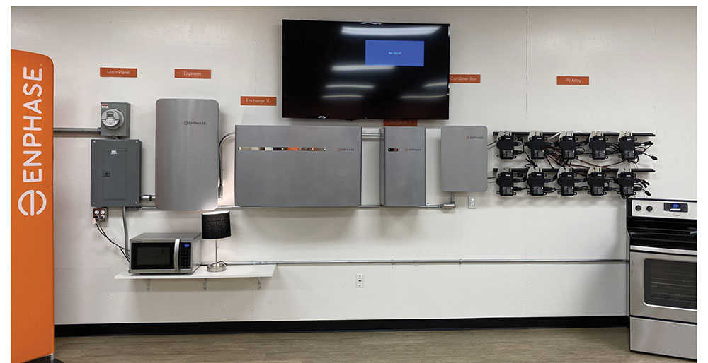 Photo 5. Battery backed up, utility-interactive PV system electrical equipment; all fully listed. The ten microinverters shown on the right are normally installed with each PV module. Courtesy of Enphase