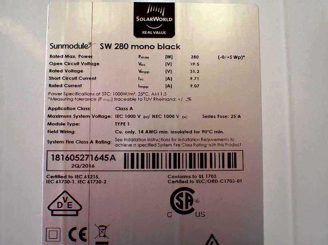 Photo 1. Photograph of module label indicating short-circuit current rating of 9.71 amperes