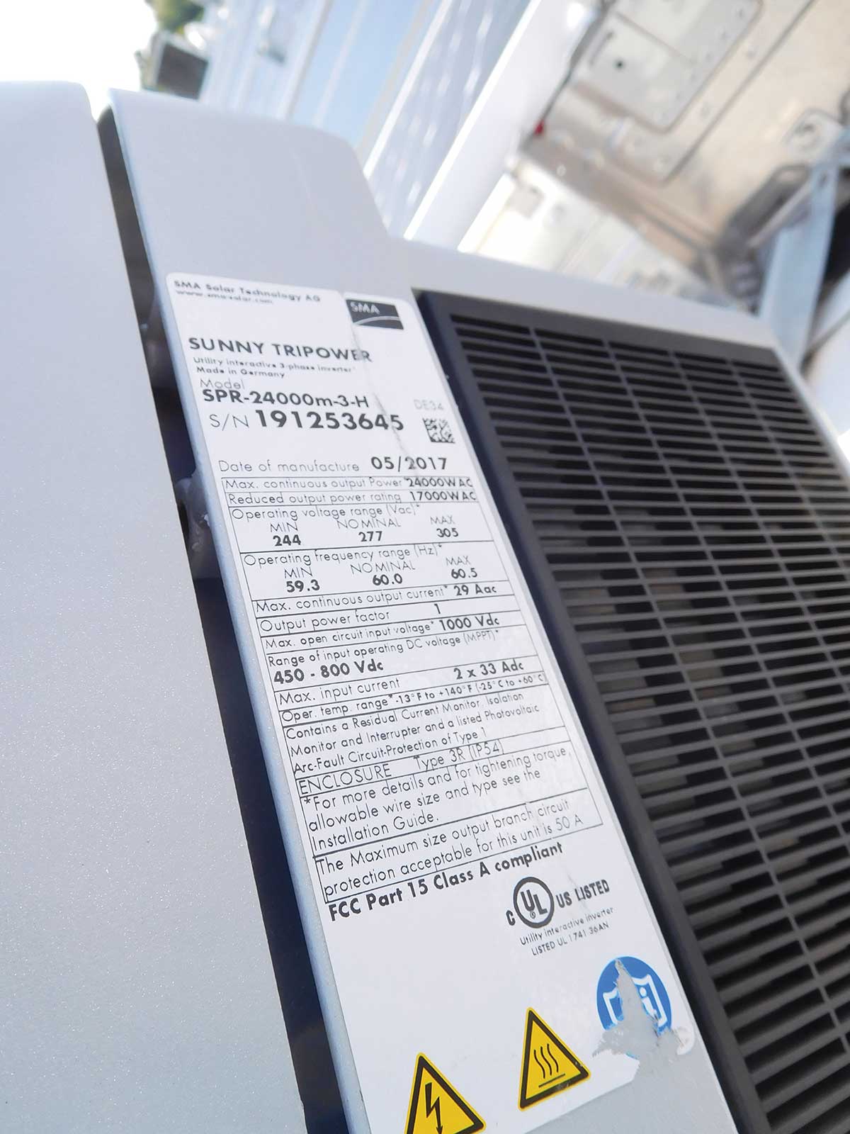 Photo 2. Photograph of SMA inverter label indicating two 33-ampere input circuits (courtesy Matt Piantedosi)