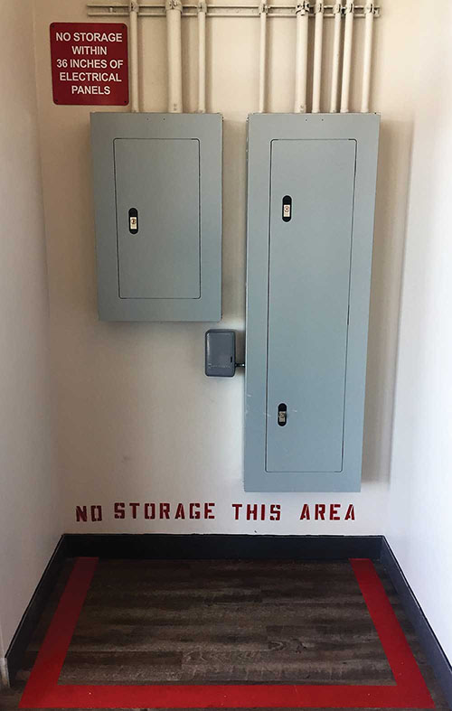 Photos 2 and 3. Signage and observance of working space (clear space) for this panelboard.