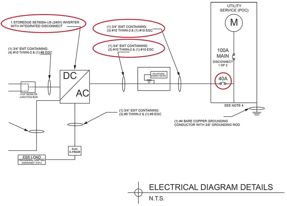 Photos 1a and 1b. A residential PV plan that could not be approved because the maximum overcurrent protection permitted by NEC 240.4(D)(7) is 30 amps for the 10 AWG conductors. The 7.6kW inverter requires a minimum circuit breaker rating of 40 amps.