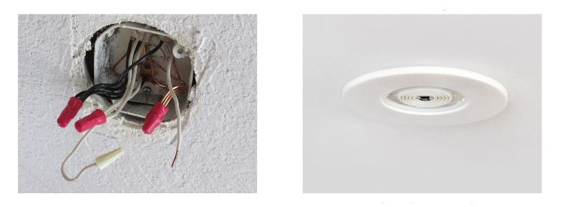 Figure 5. Exposed Wires for Luminaire Installation (left, code violations noted) and Example of Installed WSCR to plug in Luminaire (right). Courtesy of Sky Technologies.