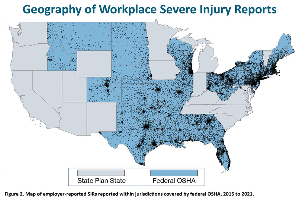 Figure 2. Map of employer-related SIRs reported within jurisdictions covered by federal OSHA 2015 to 2021. SIRs reported from OSHA State Plan States are excluded from geographic analyses but have been included elsewhere on the report. Some employers located in State Plan states (e.g., USPS) are covered under federal OSHA. U.S. Territories not pictured: American Samoa (n=10); Guam (n=28), Northern Mariana Islands (n=7), Puerto Rico (n=11), and the U.S. Virgin Islands (n=16). See page 4 for a breakdown of SIRs reported by states covered by federal OSHA.