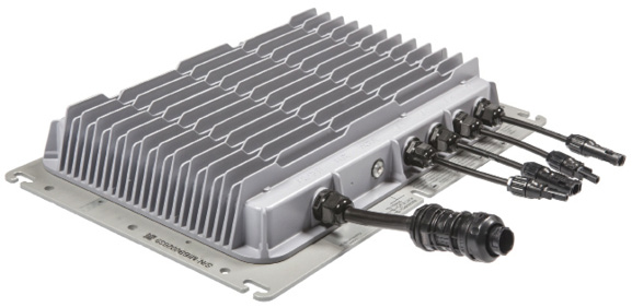 Photo 4A. Utility-interactive three-phase string inverter tested and listed for using connectors as disconnects for DC inputs and AC outputs.